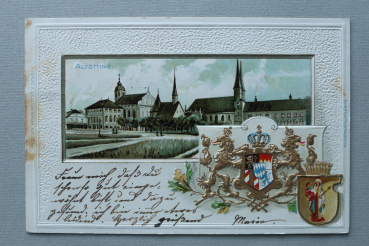 AK Altötting / 1900 / Prägekarte / Passepartoutkarte / Litho Lithographie / Kapellplatz / Wappen